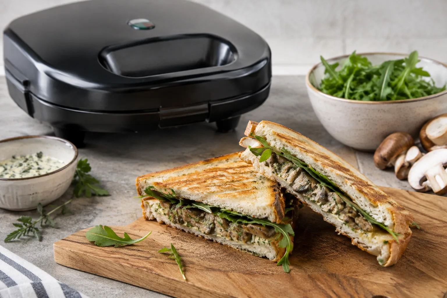 Sandwichmaker Pilz-Kraeuter-Sandwich mit Rucola